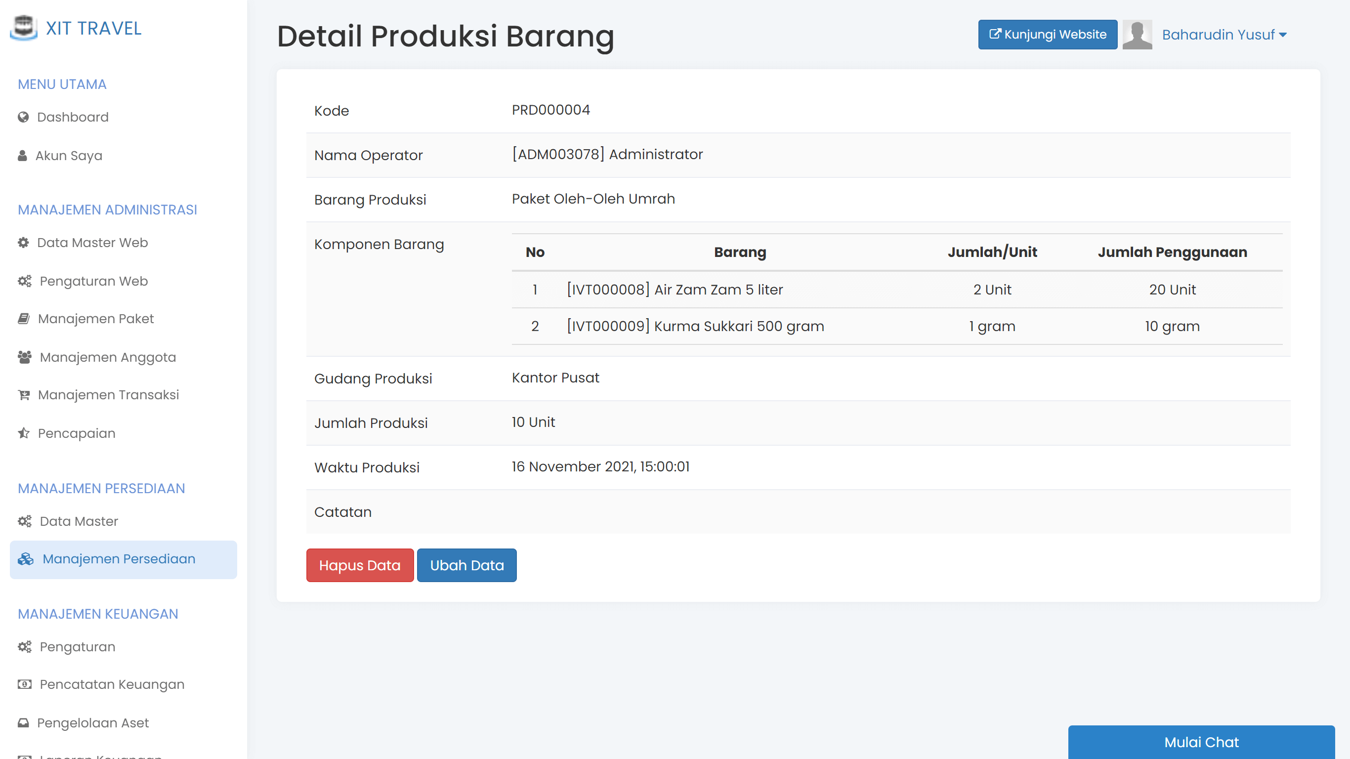 Layar pencatatan produksi barang di TravelSys
