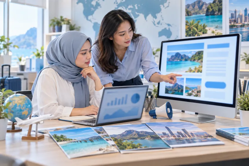 Tim marketing travel menyiapkan kampanye email dan promosi digital