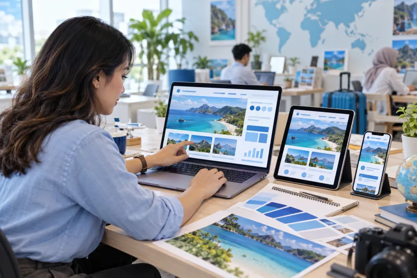 Pengelola travel mengatur tampilan website travel di laptop dan tablet