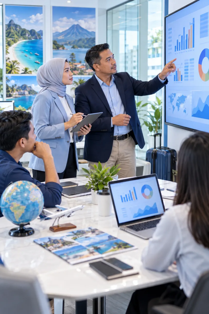 Direktur dan manajer travel meninjau laporan bisnis di layar